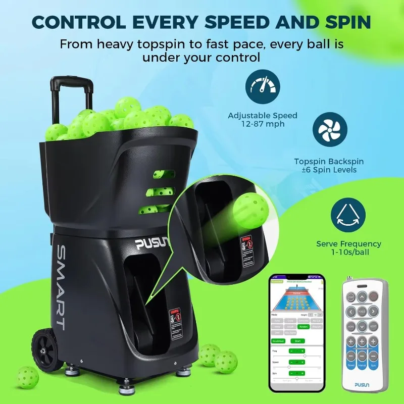PUSUN Smart Pickleball Machine 10 Training Modes App Remote Control Portable Ball Launcher Practice 80 Balls Capacity 65ft Max