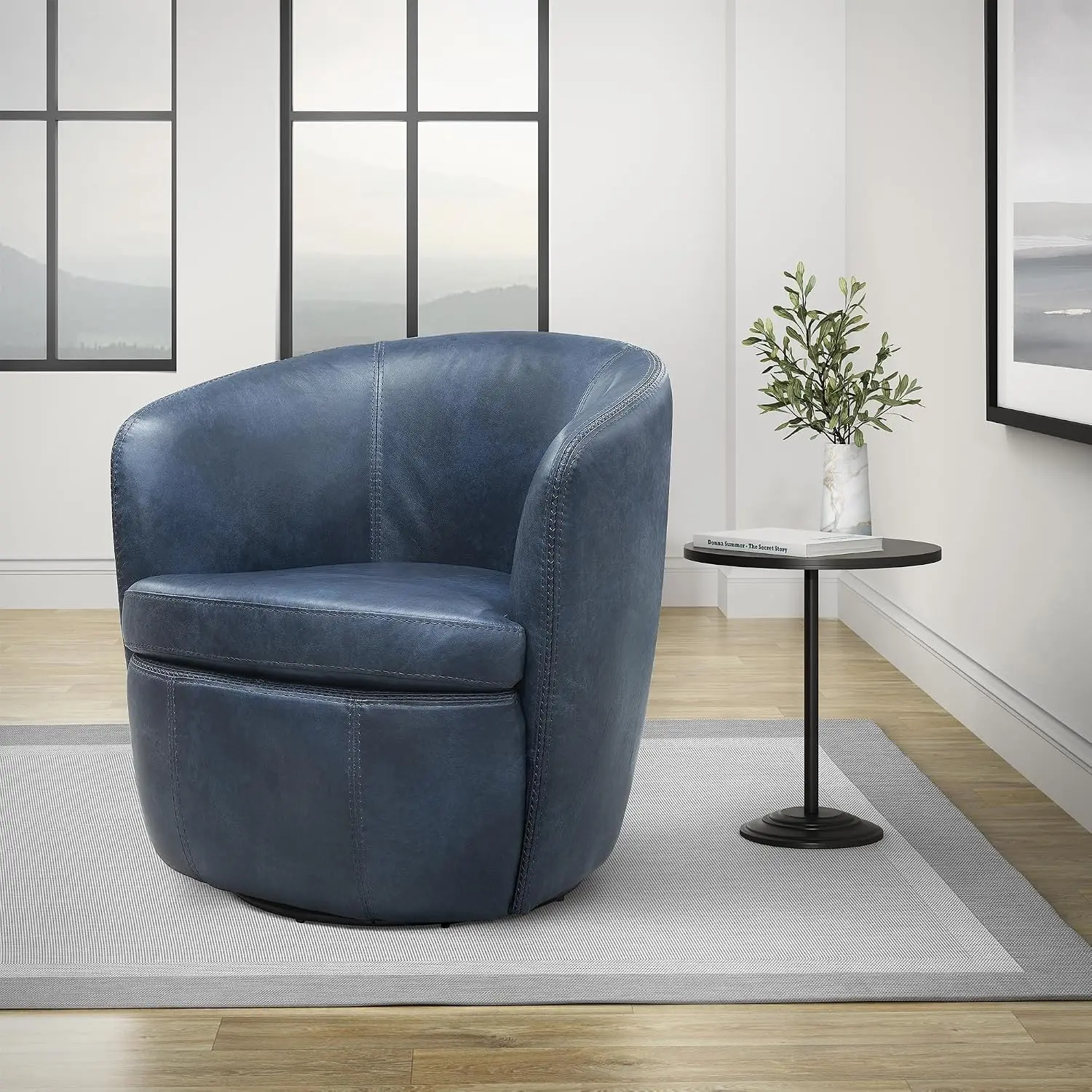 Swivel Club Chair, Vintage Navy All Italian Leather, 32.5
