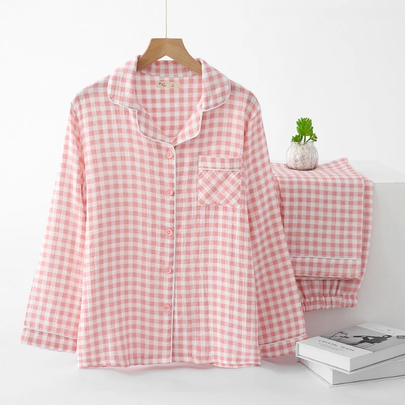 

2pcs Women's Pajama Set Minimalist Japanese Style Plaid 100% Double Layer Cotton Gauze Loose Wearable Outside Loungewear For Spr