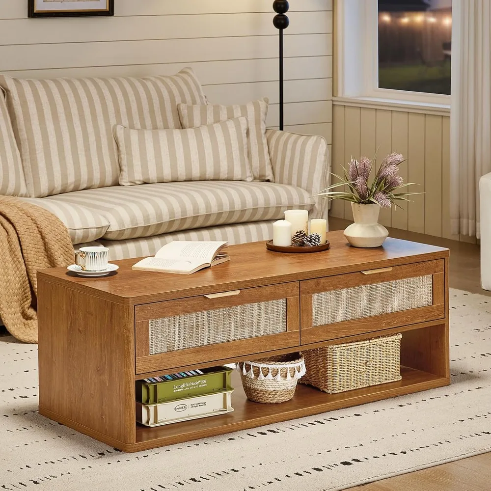 48" Farmhouse Boho Rattan Coffee Table with 2 Woven Drawers,Rectangular Coffee Tables with Hidden Storage Compartment,C