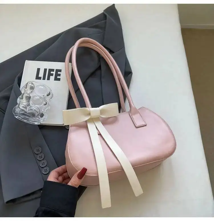 Bloom Haruku Bow Pink Shoulder Bags Women 2025 Fairycore Aesthetic Leather Underarm Bag Ladies Versatile Casual Handbag Y2k