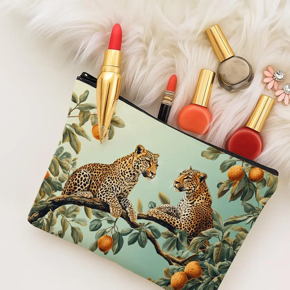 Vintage Print Cosmetic Bag Leopard Branch Orange Lightweight Travel Makeup Organizer Portable Toiletry Pouch with Zipper Closure