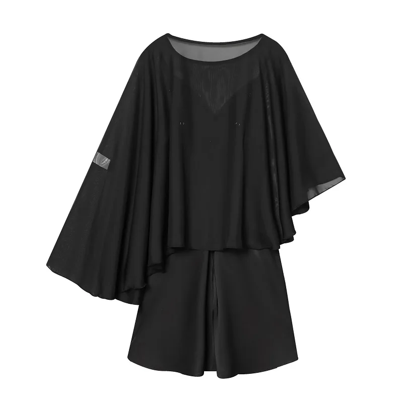 HXAO-vestido negro asimétrico para mujer, vestidos cortos de fiesta para mujer, minivestido de satén con capa, vestidos de noche semitransparentes sexis para mujer