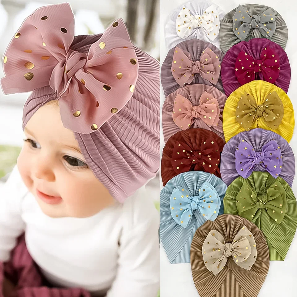 

European & American New Season Baby Ribbed Hat with Bow, Infant Thin Head Wrap Cap for Girls
