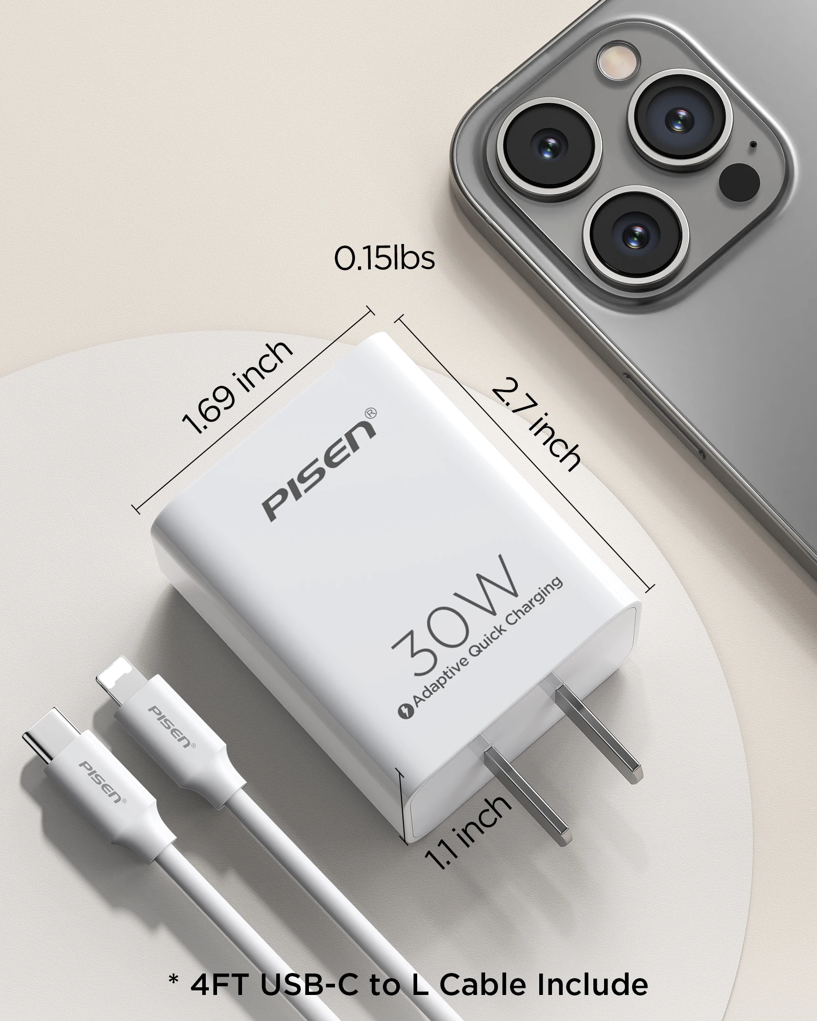 كتلة شاحن سريع PISEN 30W USB-C مع PD3.0، تتضمن كابل Lightning بطول 4 أقدام من النوع C، ومحول طاقة 30 وات متوافق مع iPhone #2