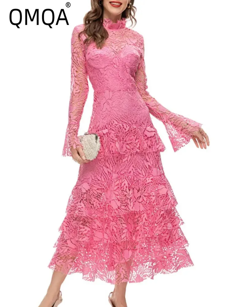 

QMQA Fashion Women's Solid Lace Splicing Dresses Stand Collar, High Waist Long Sleeve Elegant Dress 2024 New Clothing 1A156