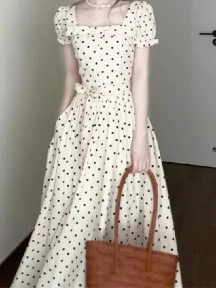 Ele White Polka Dot Dr Damska Zimowa Kolekcja 2025 Nowa Elegancka Długa Sukienka z Podkreśleniem Talii Dr Casual Bubble Sve A-Line S...