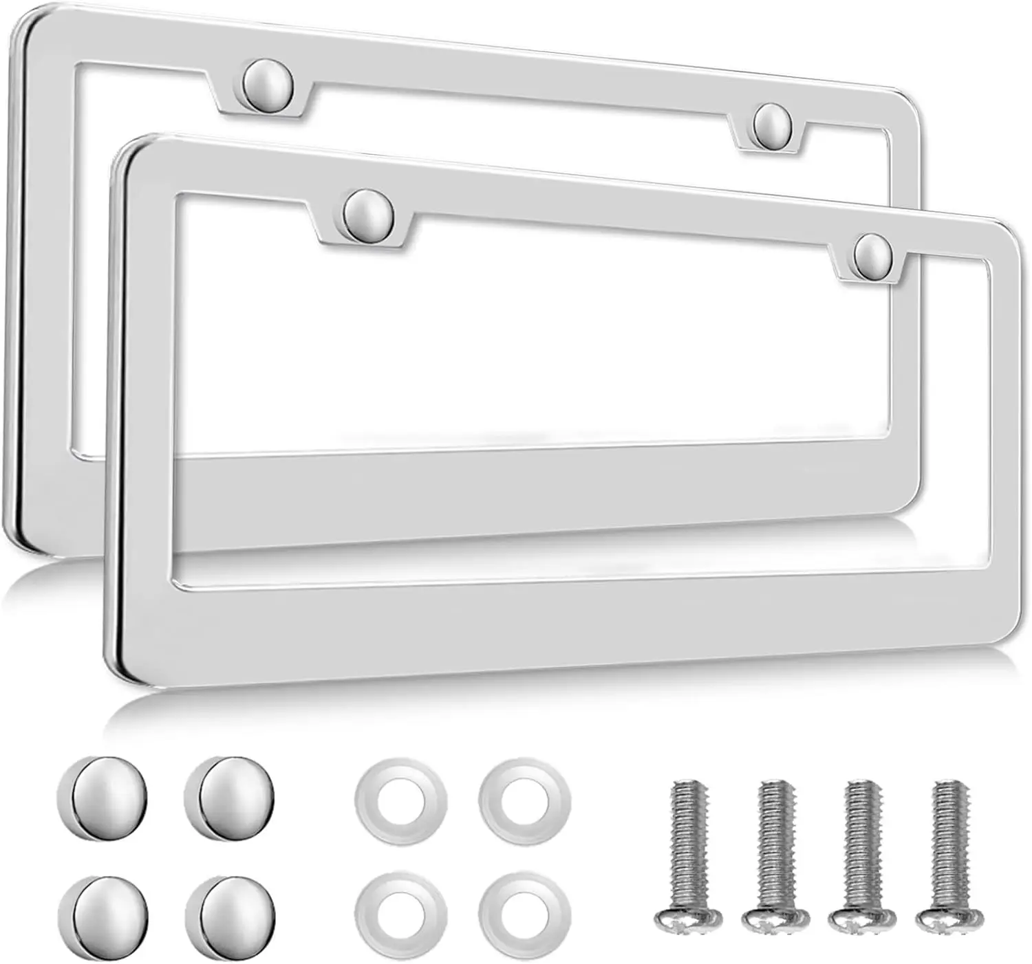 

2 Pack Silver License Plate Frames, Rust-Proof Chrome Holder for Car, Universal Stainless Steel Cover with Screws Caps