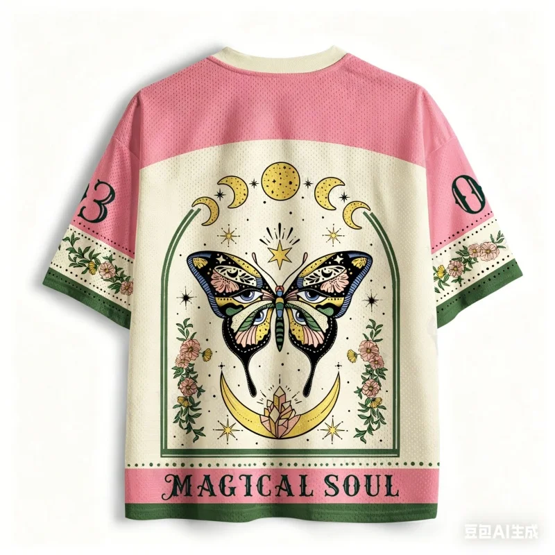 New Harajuku Style Butterfly Pattern Printed T-shirt Sports 3DV Collar Men and Women Children's Parent-child Clothing Street Top