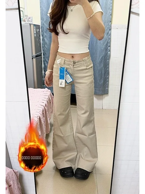 

Ретро-джинсы американского стиля цвета хаки, расклешенные, на флисовой подкладке, женские, зимние, теплые, с низкой посадкой, свободные, широкие, с расклешенными штанинами