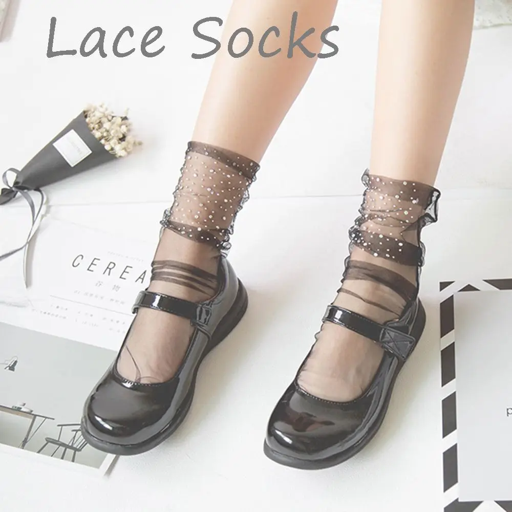 Ladies See Through Glitter Rhinestone Elastic Lace Ankle Socks Mesh Sock Transparent Short Socks