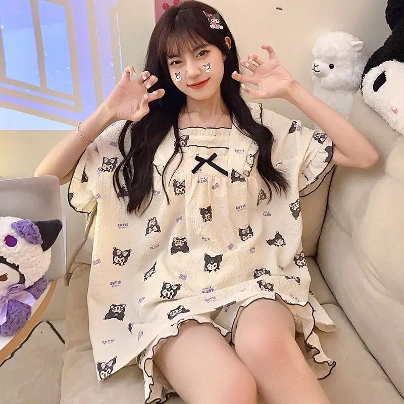 Sanrio hello kitty Nightdress Girls Summer New Ruffle Bow sleepwear Cute Cartoon kuromi Pajamas Womens loungewear robes