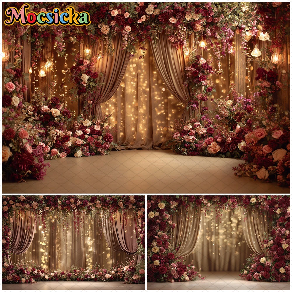 

Mocsicka Valentine's Day Photography Background Love Rose Curtain Lamp Wedding Decoration Family Couple Photo Backdrop Wallpaper