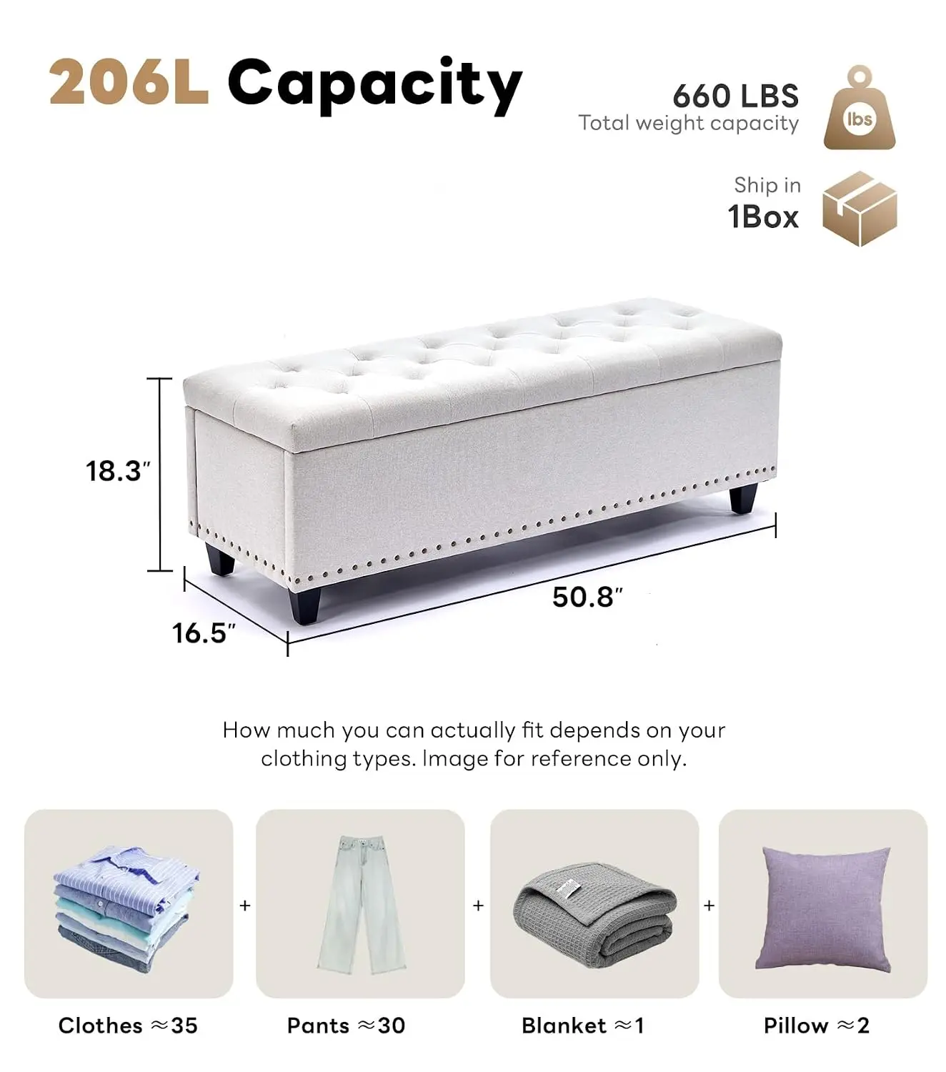 Large Tufted Storage Ottoman Bench Bedroom Entryway, Rectangle Foot Stool Safety Hinge & Wood Legs, 660lb, Beige, Customized