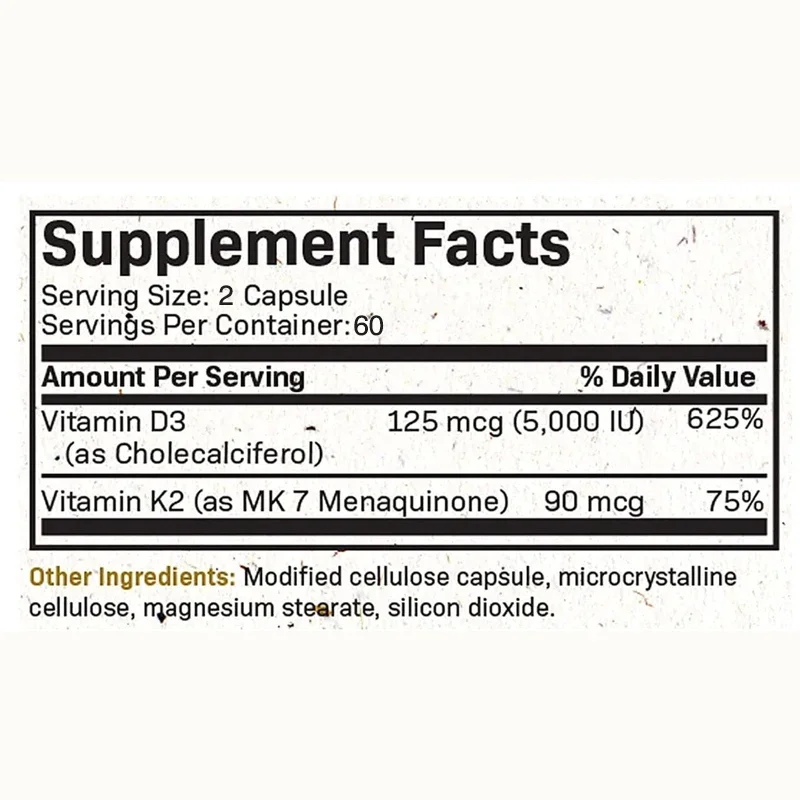 Vitamin K2 + D3 Supplement - Contains Vitamin K2 as MK-7, 215 Mcg (5000IU)