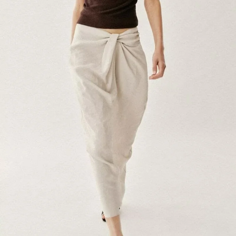 Summer 2026 New Pure Color Knot Design Midi Halter Skirt Women's Fashion Wrap Scarf Half-length A-line Skirts for Ladies