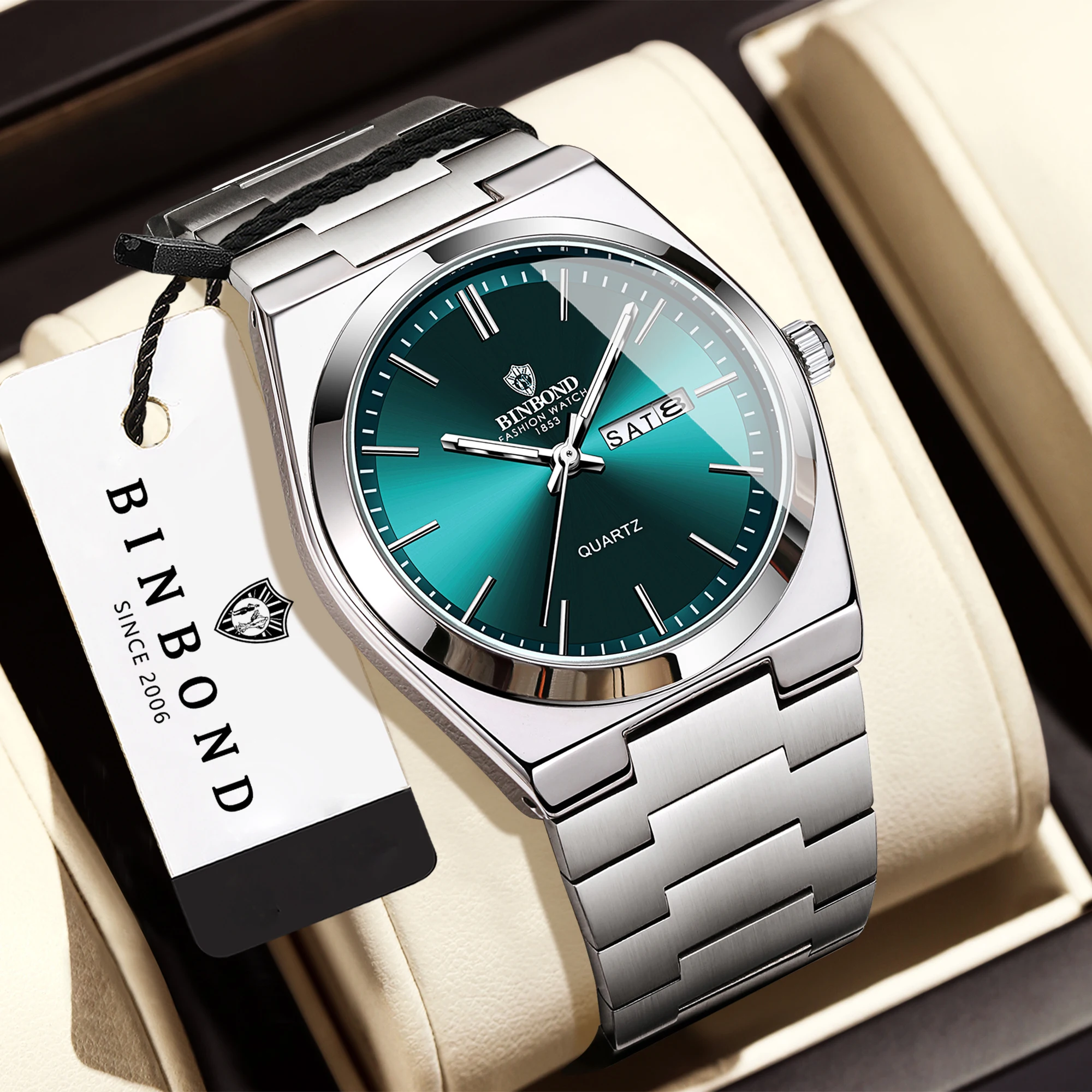 BINBOND Luxury Quartz Wristwatches Luminous Waterproof Week Auto Date Men's Watch Steel Belt Business Sport Fashion Casual Reloj