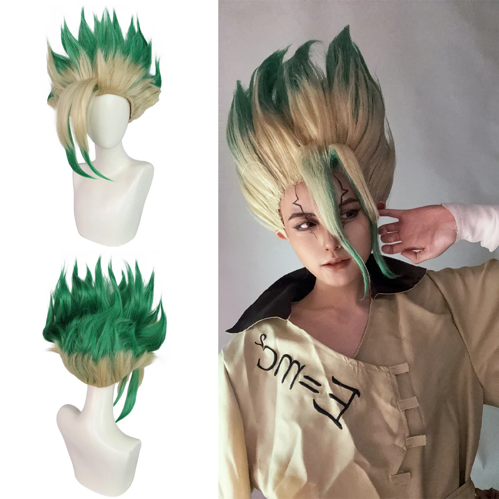 إيشيغامي سينكو شعر مستعار صناعي قصير متدرج أخضر من Dr.Stone مناسب للحفلات اليومية، شعر مستعار مقاوم للحرارة #1