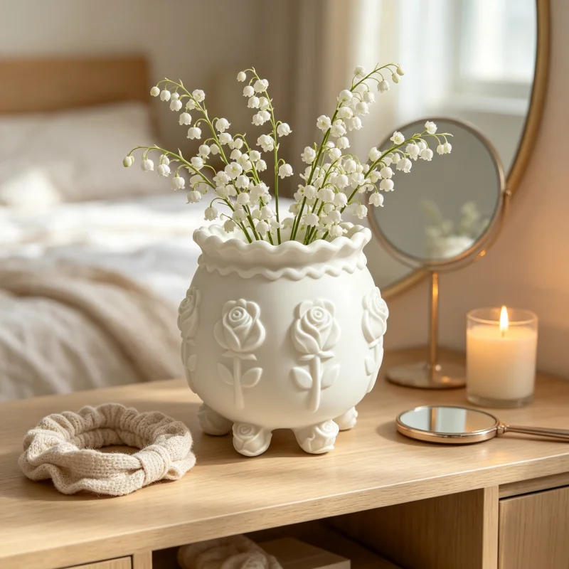 White 3D Rose Relief Decorative Vase, Six-Rose Shaped Flower Vessel, Wavy Edge Tabletop Flower Bucket, the Ultimate Housewarming Gift for Flower Enthusiasts