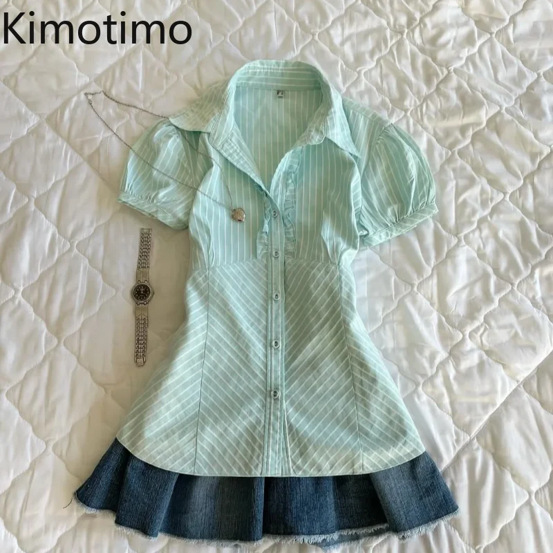 Kimotimo Vintage Striped Short Sleeve Shirt Women American Ruffle Lapel Short Sleeve Slim Tops Summer Y2k Aesthetic Spicy Blouse
