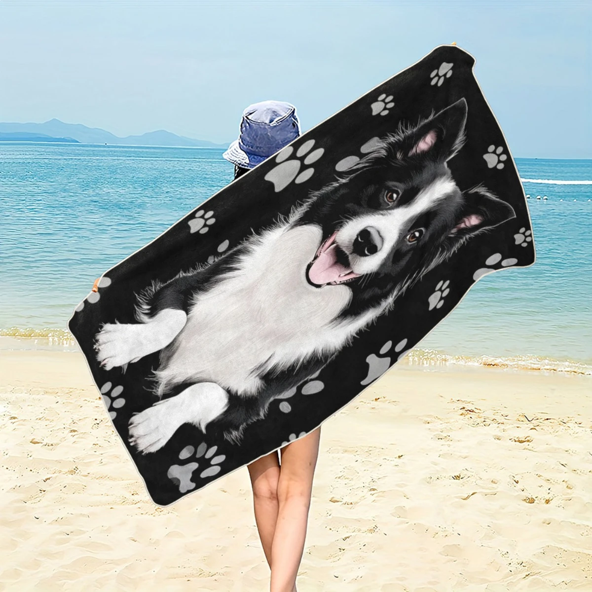Artistic Border Collie Paw Pattern Microfiber Beach Towel Soft Ultra Absorbent Lightweight Towel for Beach Party Camping Travel