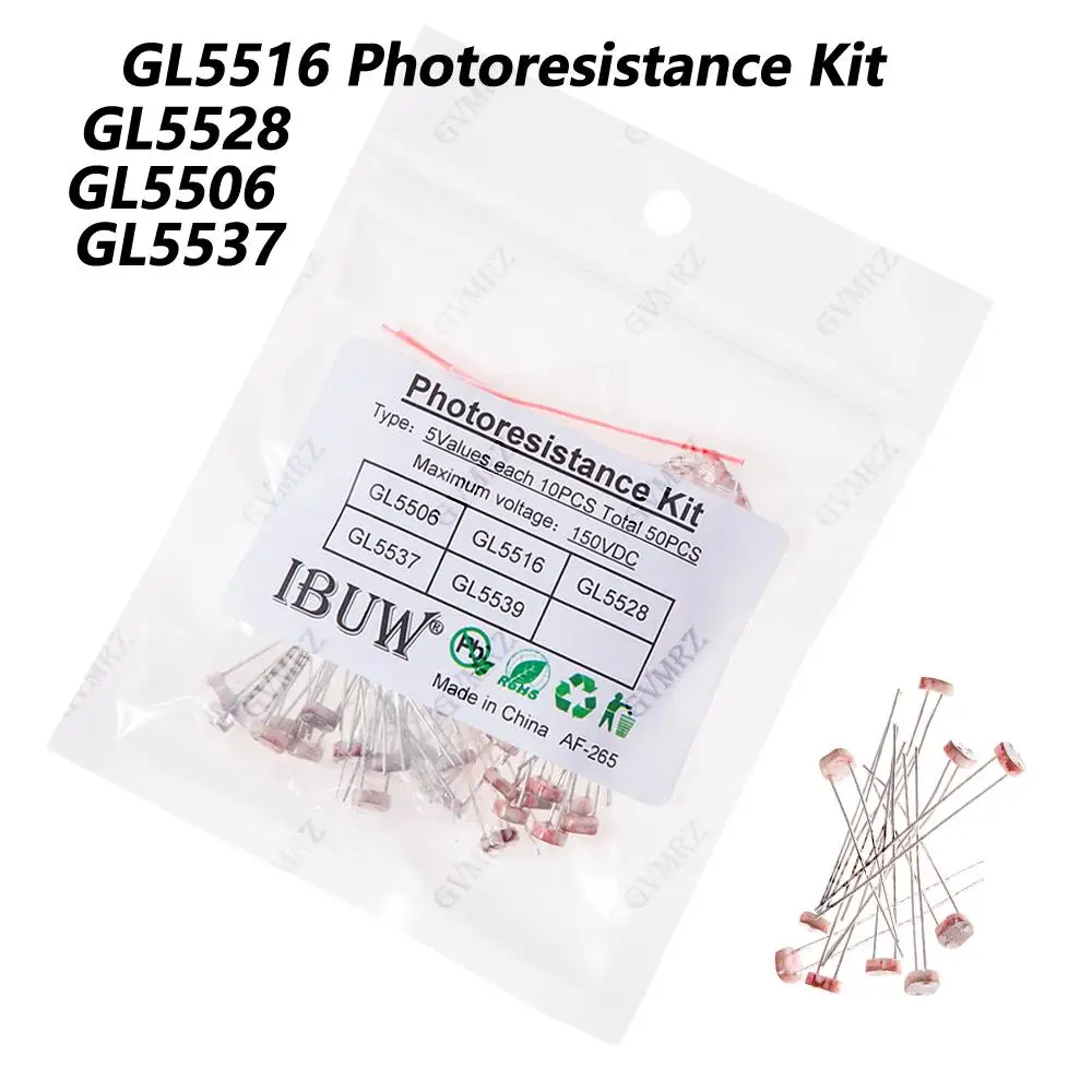 50PCS 5Values GL5528 GL5516 GL5506 Photoresistance Kit for Light-Sensitive Sensor & Photocontrol Circuit DIY Projects  GL5537