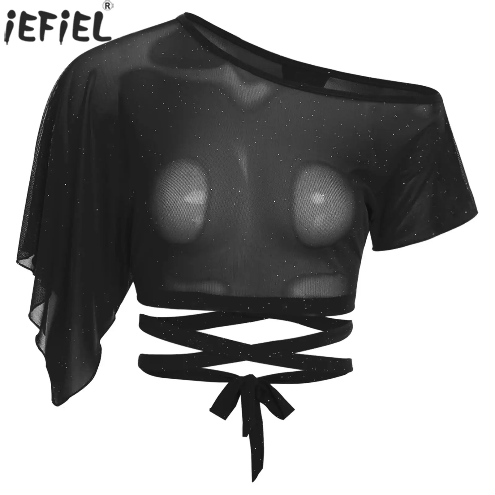 

Women Sexy Transparent Crop Top Asymmetrical Sleeves Bikini Bra Cover Up Sheer Mesh Breathable Hip Hop Belly Party Dance Tops