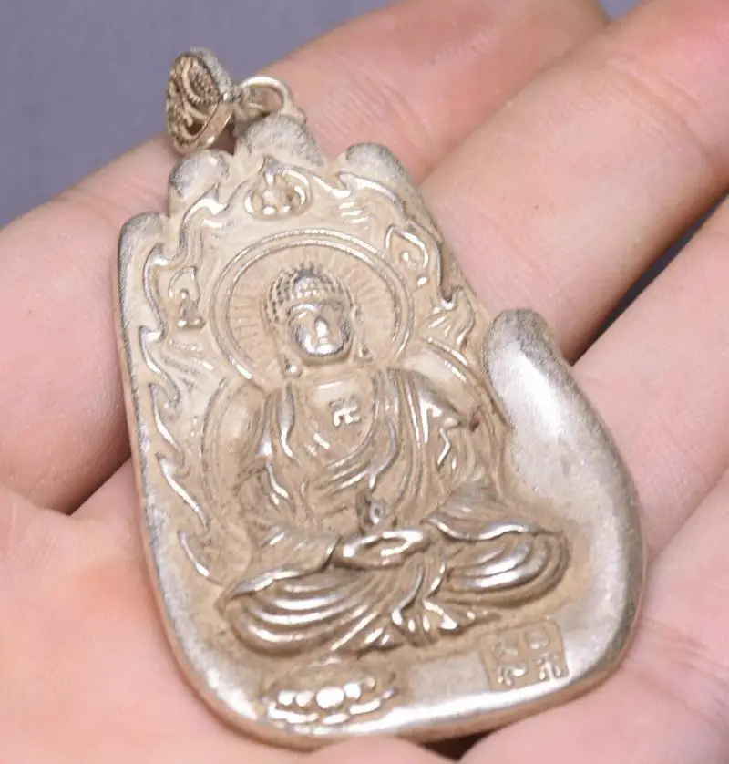 6.5Cm Old Tibet Silver Shakyamuni Amitabha Buddha Words Bergamot Amulet Statues
