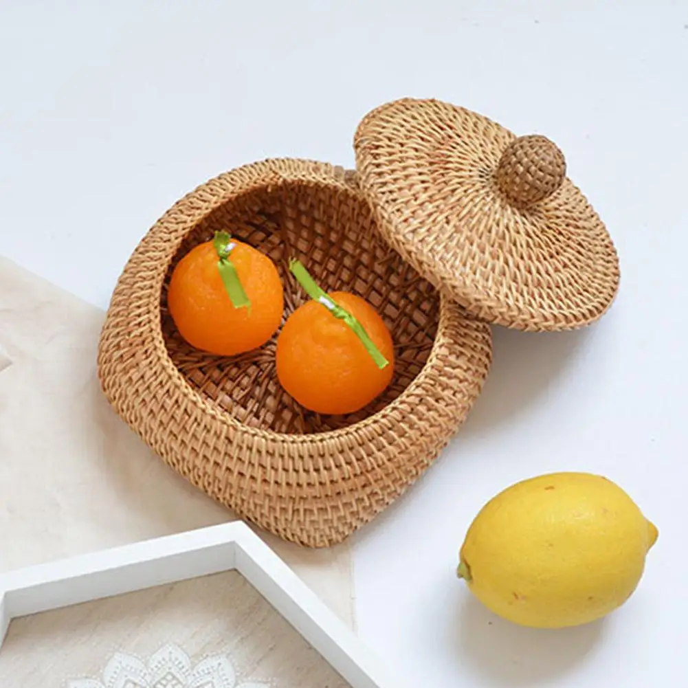 Round Rattan Box With Lid Hand-Woven Multi-Purpose Wicker Tray Desktop Decoration Storage Box Picnic Food Bread Storage Basket