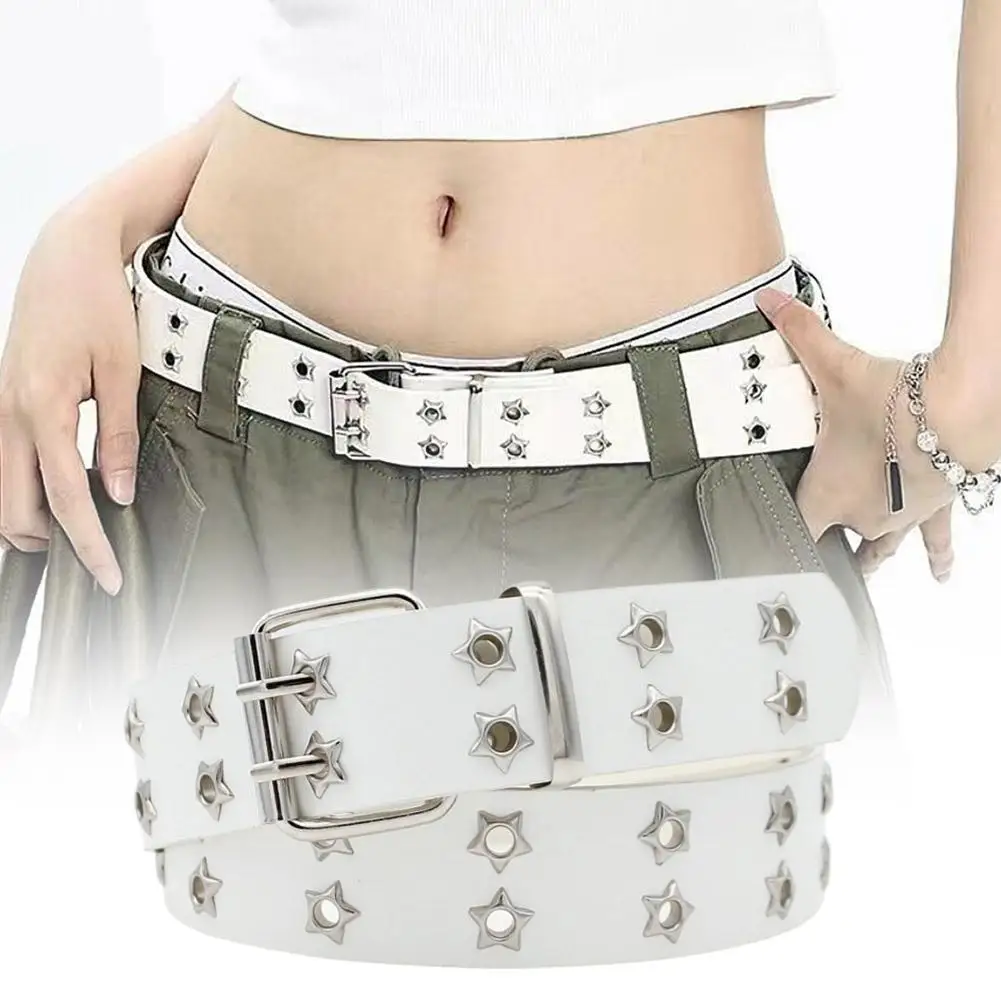 

Coffee Black Punk Style Chain Belt Adjustable Hollow Star Double Breasted Buckle Metal Buckle Leather Jeans Waistband for Women