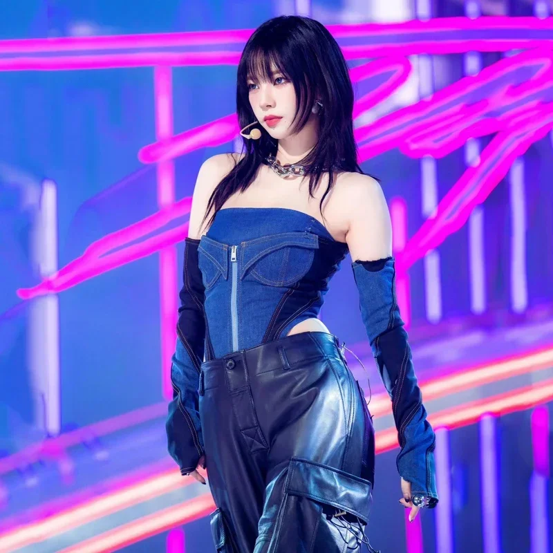 

Женская группа Kpop наряды певица костюмы для джазовых танцев сексуальное боди хип-хоп кожаные брюки Ds DJ сценическая одежда DWY9746
