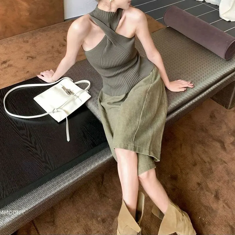 Women Cross Halter High Neck Ribbed Knit Tank Top Sleeveless Backless Summer Slim Fitted Solid Color Vintage Basic Wrap Camisole