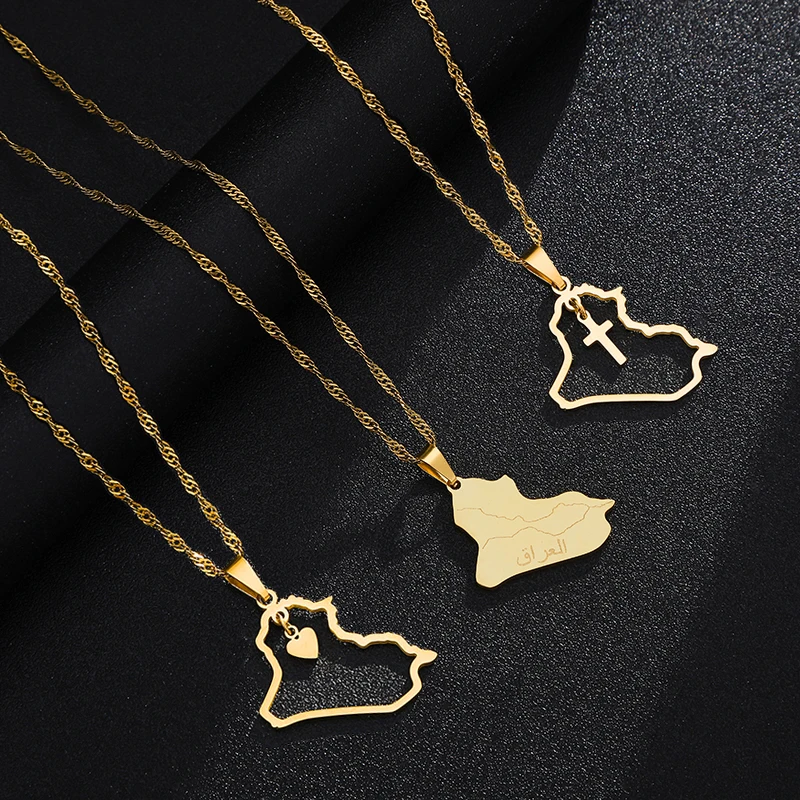 Fashion Republic of Iraq Map Pendant Necklace Stainless Steel Men Women Heart Cross Maps Jewelry Gift