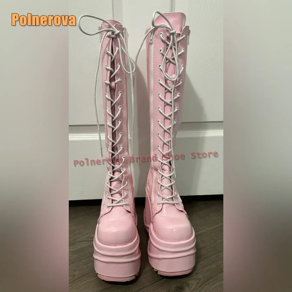 Women Knee High Boots 2025 Summer Cosplay Pink Cross Tied Platform Sweet Boots Round Toe Wedges Height Increase Zipper Closure