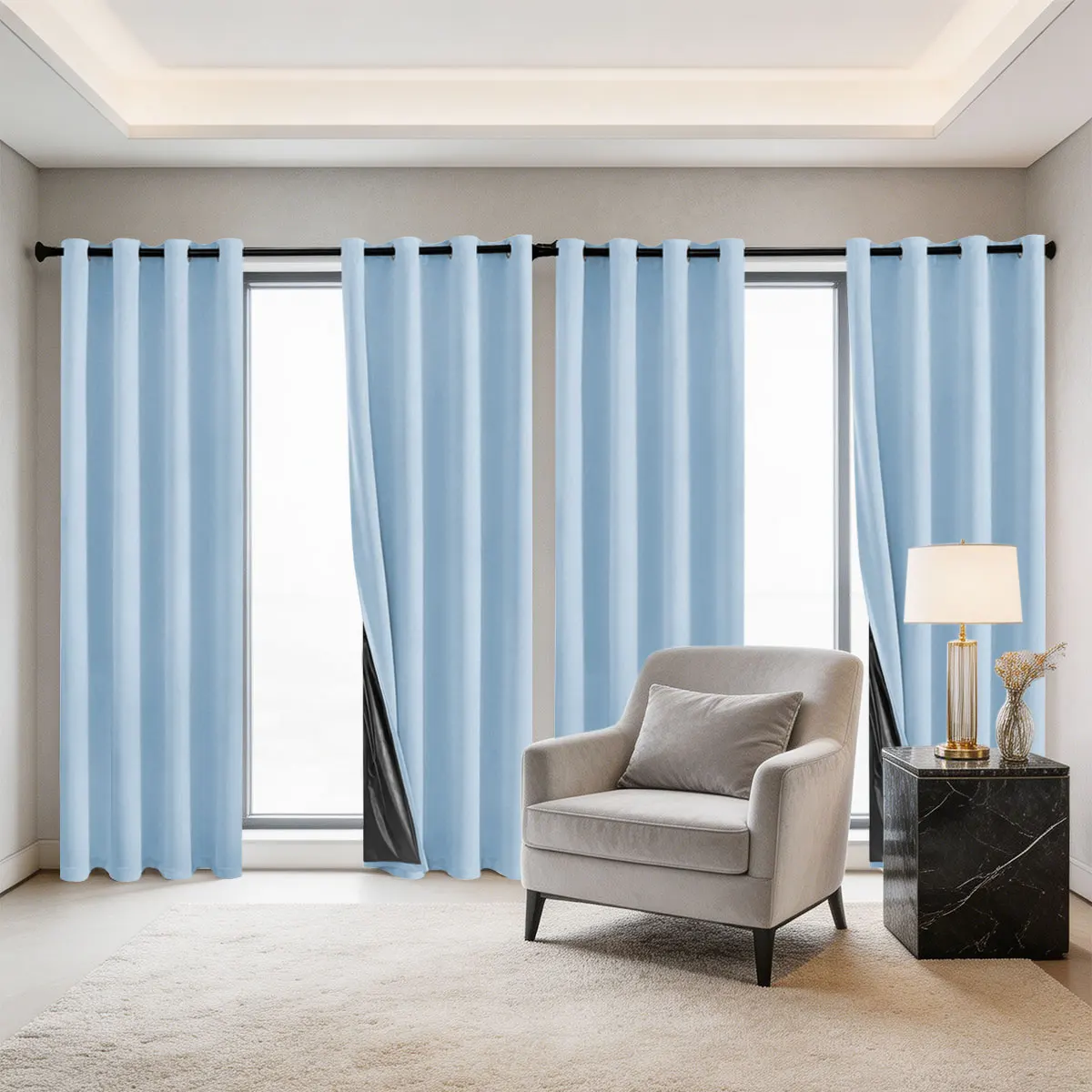 Light Blue Grommet Light Blocking Curtains 4Pcs, Black Coated Solid Window Drapes for Bedroom Living Room Home Decor