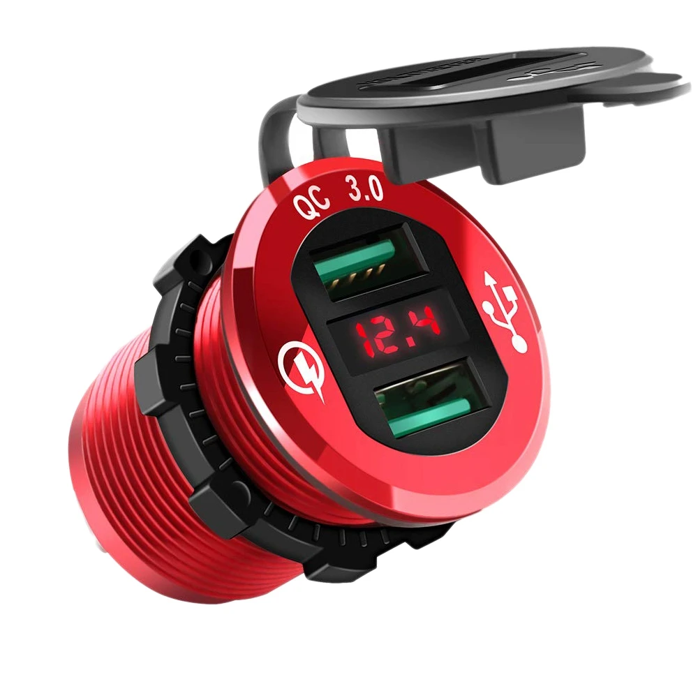 Compatible Quick Charge 3.0 USB Charger Socket, 12V/24V Dual USB Car Power Outlet Waterproof Lighter with LED Voltmeter