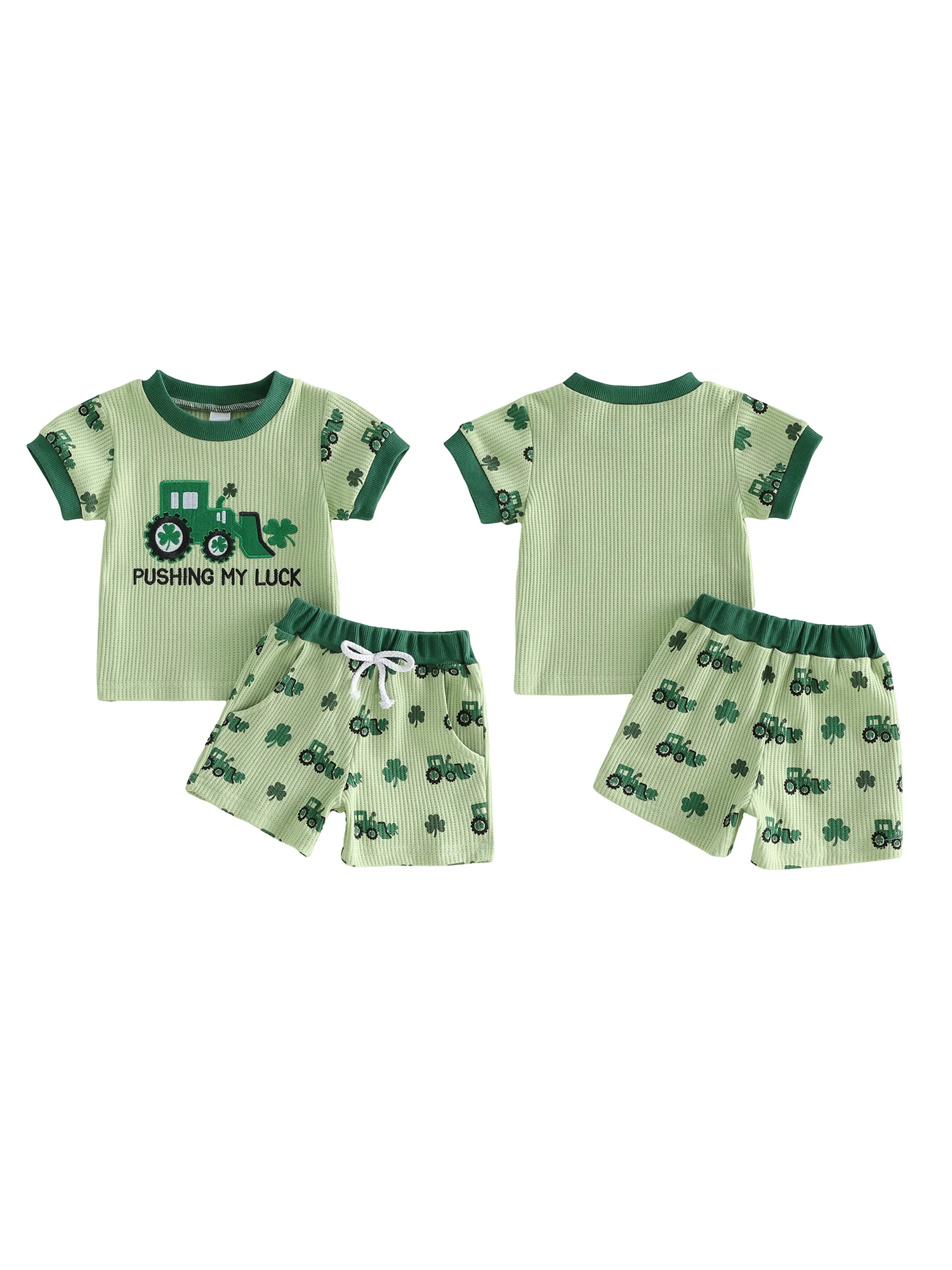 

Костюм на день Святого Патрика для маленьких девочек, комплект из 2 предметов, рубашка с вышивкой клевера и шорт с эластичной резинкой на талии и круглым вырезом для маленьких девочек