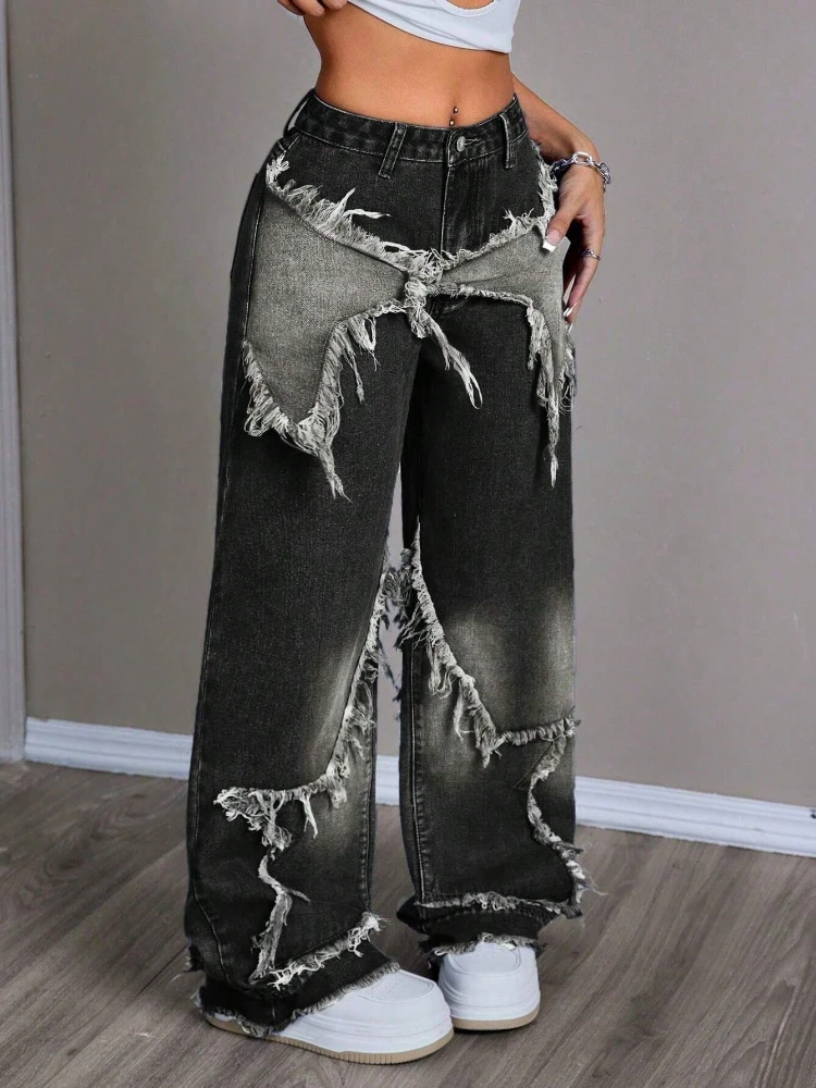 HOUZHOU Vintage Y2k Gray Jeans Women Star Patchwork 90s Gothic Denim Trousers Harajuku 2000s Black Baggy Jean Pants Aesthetic