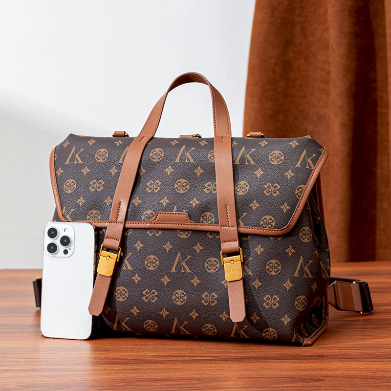 Women Vintage K Monogram Messenger Bag, Contrast Trim Flap With Double Buckles, Convertible Backpack Straps, 3 Ways To Carry Handbag, Large Capacity Travel & Commuter Bag