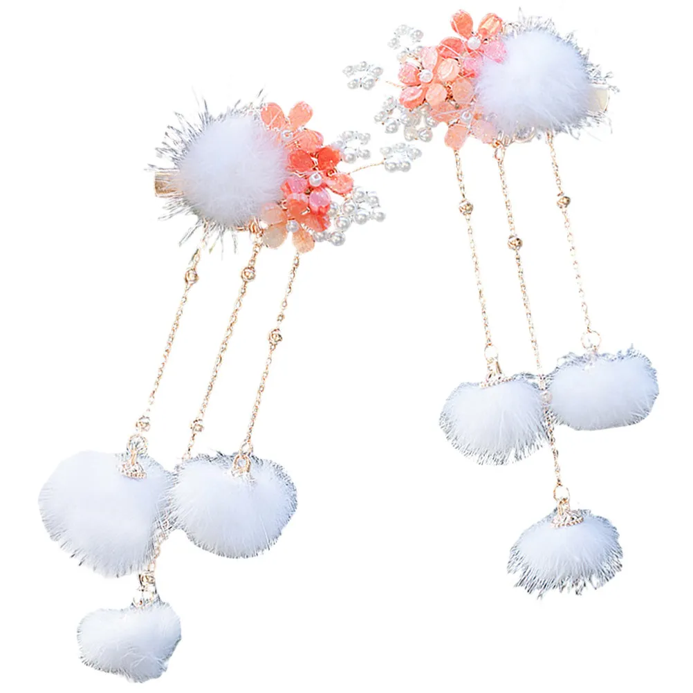 1Pair Versatile Chinese Retro Pom Pom Ball Tassel Hair Clips for Women Girls Teens Daily Wear Girls Hair Clips
