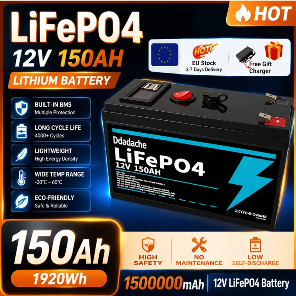 Batteria al litio 12V 150Ah LiFePO4 4000+ cicli profondi con BMS integrato, durata 10 anni, per UPS, ecoscandaglio per kayak, pannello solare, radio
