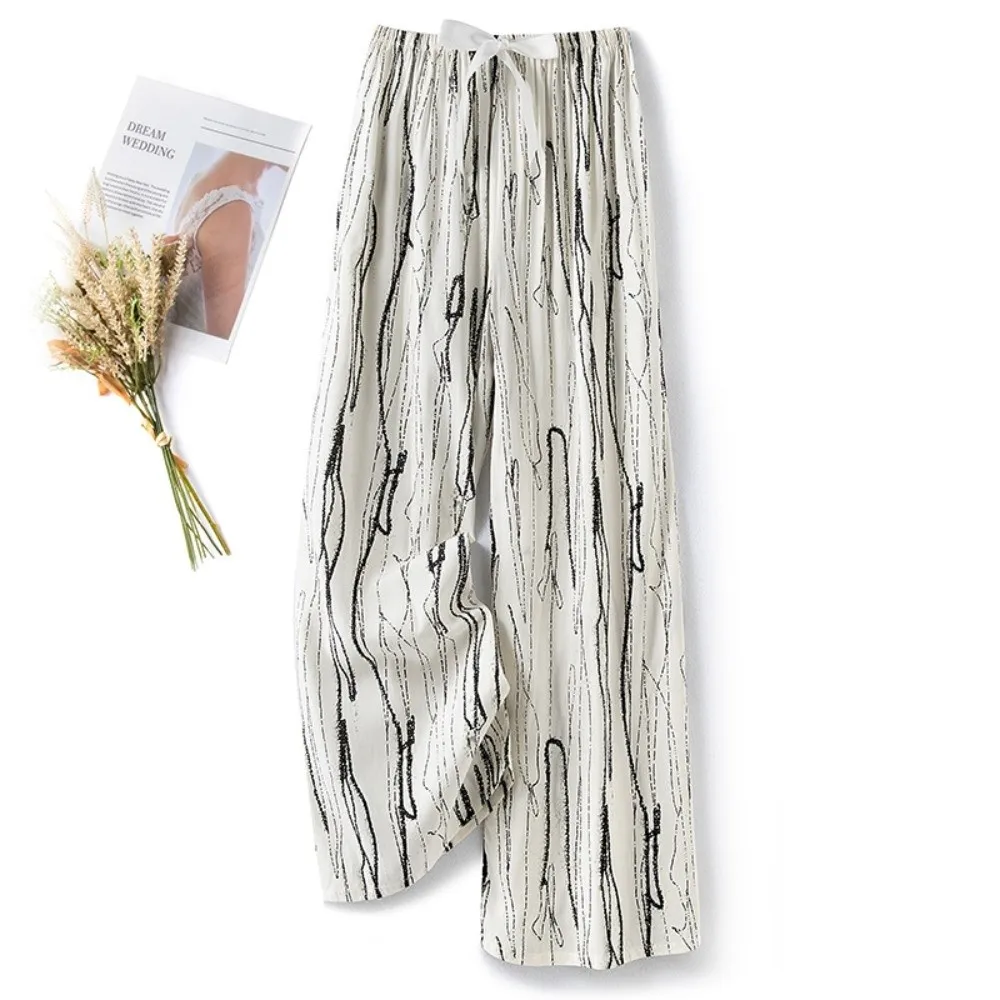 Casual Print Flower Sleeping Pants Boho Ethnic Style Sleepwear Wide Leg Pants Loose Fit Loungewear Cropped Pants Beach