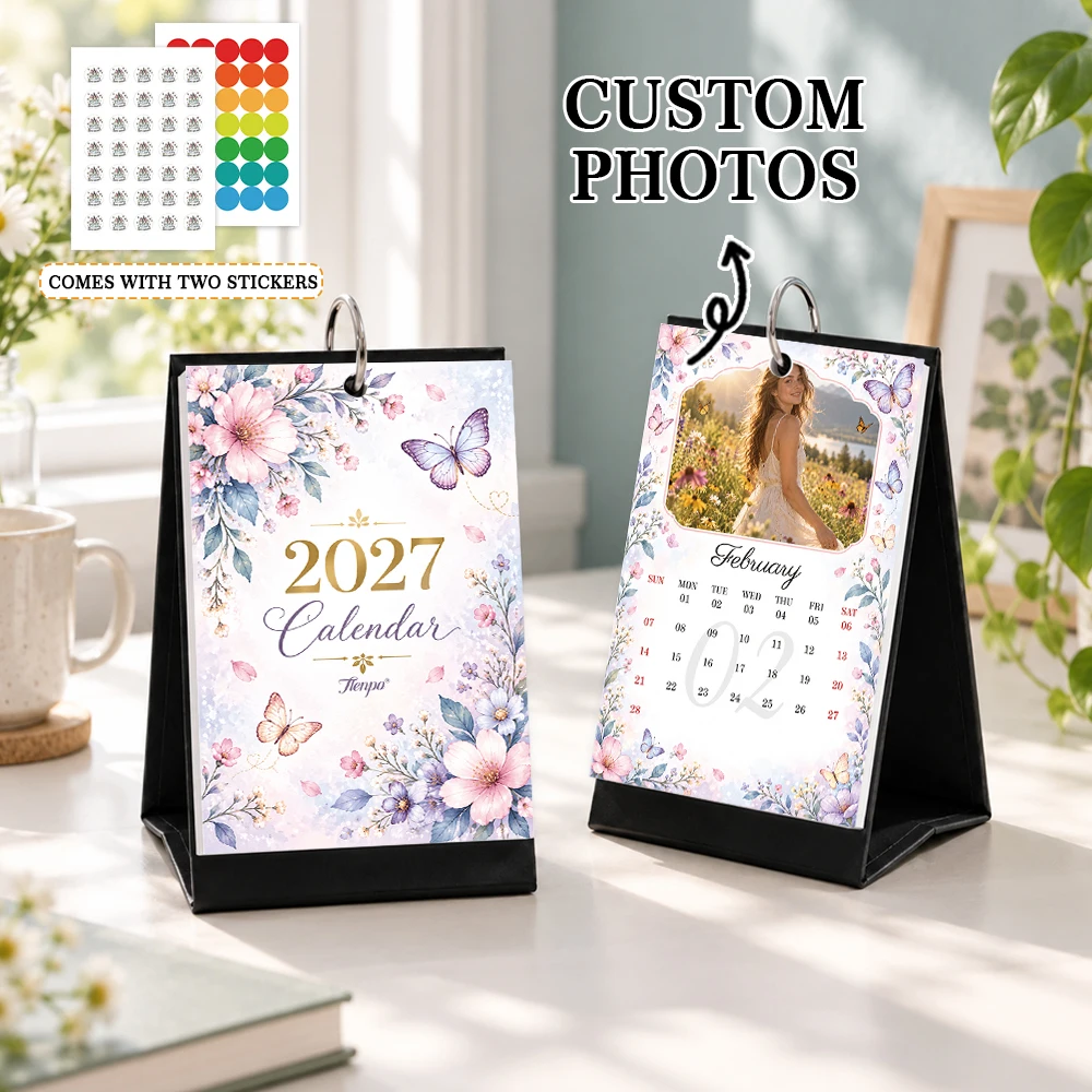 1pc 2027 Custom Photo Desk Calendar, Floral Butterfly Table Calendar With Stickers, Birthday Christmas New Year Gift