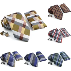 New Mens Classic Tie Set Pocket Square Cufflinks Striped Floral Plaid Jacquard Woven Necktie Wedding Party Groom Tie Accessory
