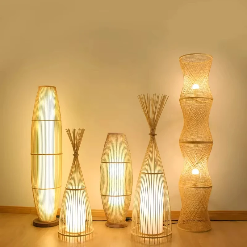 Retro Bamboo Weaving Living Room Tea Room Japanese Bedroom Classic Creative Ornament Lighting Fixtures Art Chinese Floor Lamp
