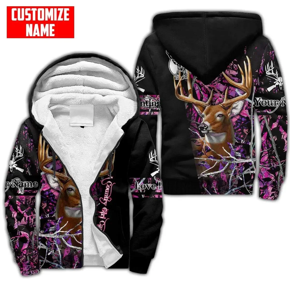 

Customized Name Deer Hunting 3D Printing Men's Winter Thickened Zipper Hoodie Unisex Casual Hooded Coat Warm Wool Jacket