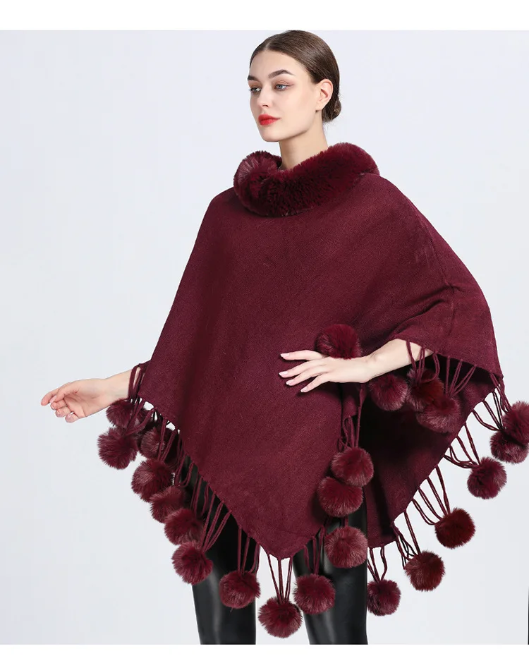 Châle de décoration de boule de fourrure pour femme, écharpe poncho, col en fausse fourrure, cape à franges, couverture asymétrique, châle en diamant