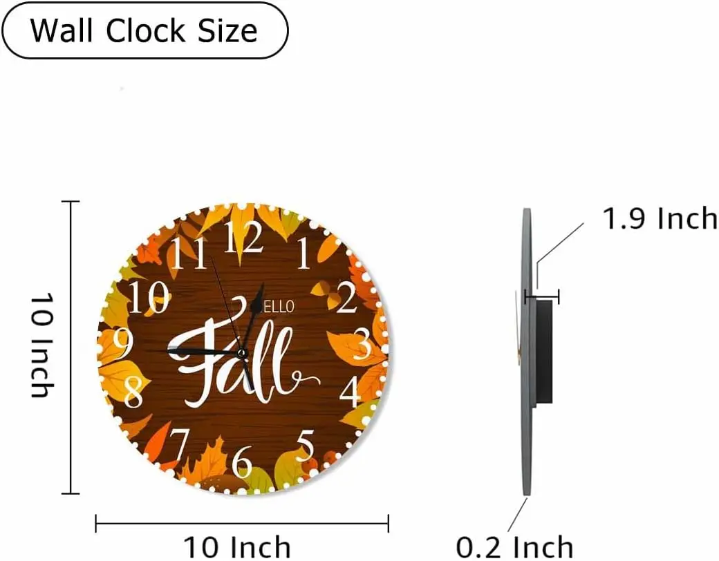 Hello Fall Wall Clock Autumn Leaves Birch Maple Rowanberry Bright Clock 10 Inch Silent Non-Ticking Clocks Battery Operated