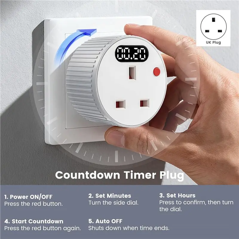 2X Countdown Timer Plug Socket, Digital Plug With LED Display, 1 Min-24H Adjustable Countdown Switch UK Plug