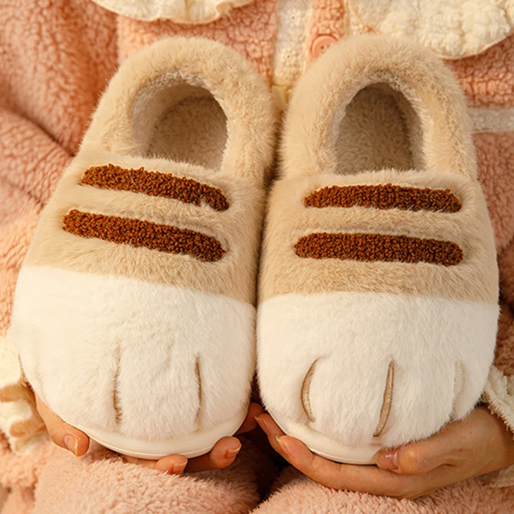

3D Cat Paw Plush Slippers Flat Thermal Slippers Anti Slip Fluffy Home Slippers Furry Paw Couple Slippers for Indoor Bedroom